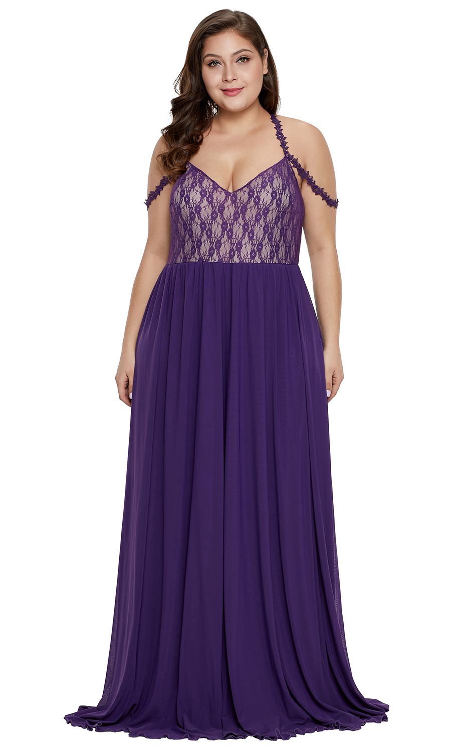 BY611063-8 Purple Lace Bodice Hollow-out Plus Size Maxi Dress